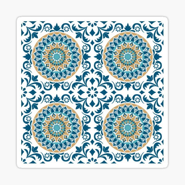 Blue, white and mustard ornate tile Sticker