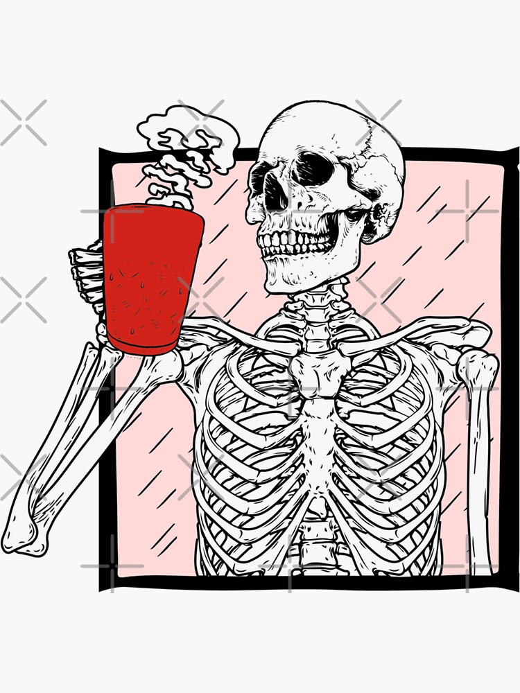 Thumbnail 3 of 3, Sticker, Skeleton Drinking Coffee designed and sold by Dollfacedesign.