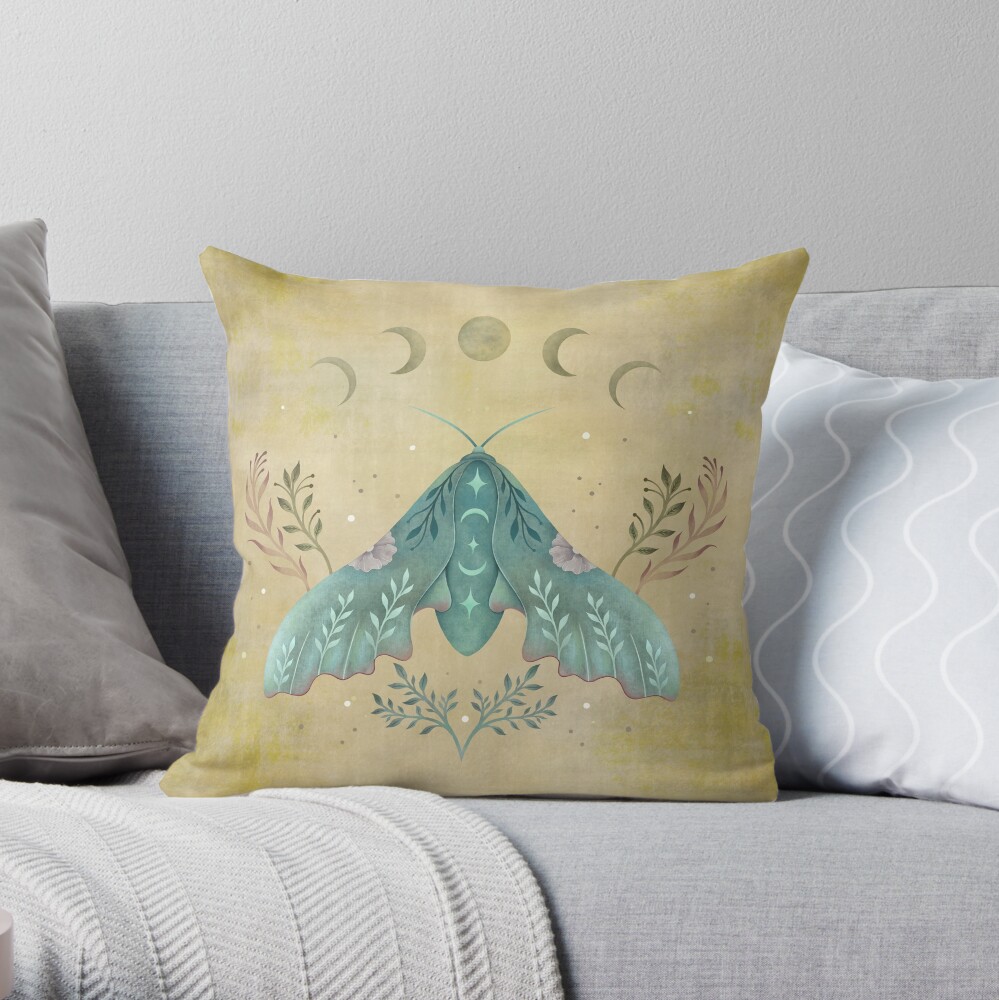 Luna and Moth - Oriental Vintage Throw Pillow