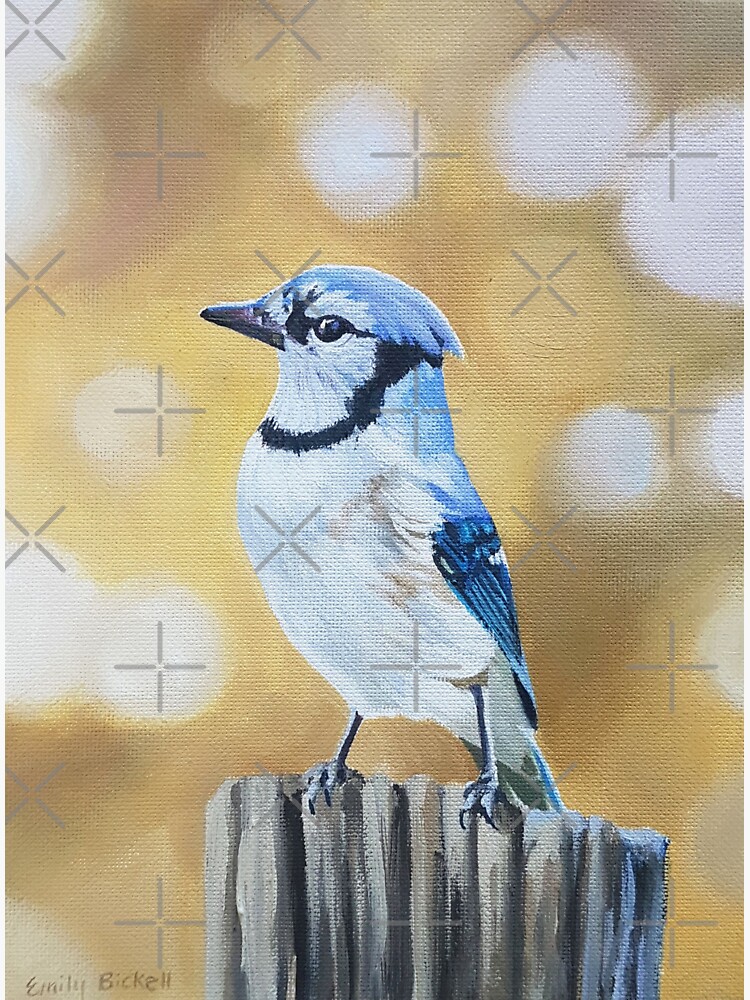 Blue Jay on a Post - fall bird painting by EmilyBickell