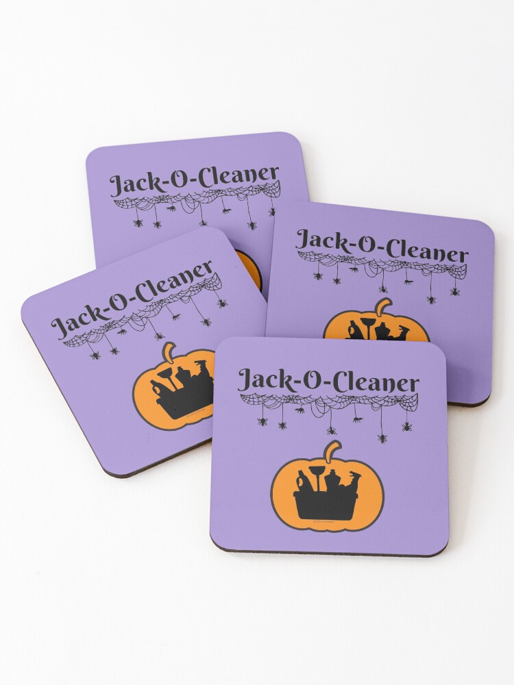 Thumbnail 1 of 5, Coasters (Set of 4), Jack-O-Cleaner Funny Cleaning Halloween Cleaning Supplies Pumpkin Fun designed and sold by SavvyCleaner.