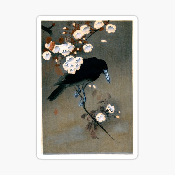 Vintage Japanese Crow and Blossom Woodblock Print Sticker
