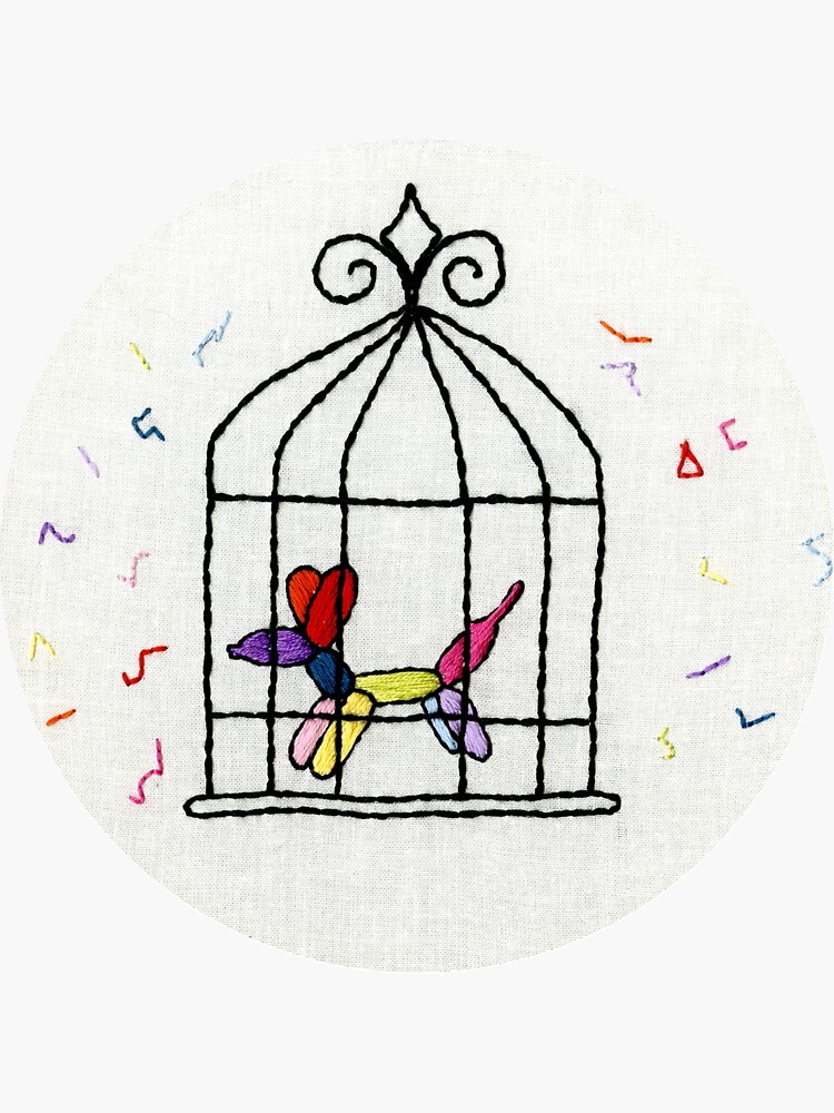 "Rainbow Balloon Dog in Cage with Confetti Embroidery" Sticker for Sale