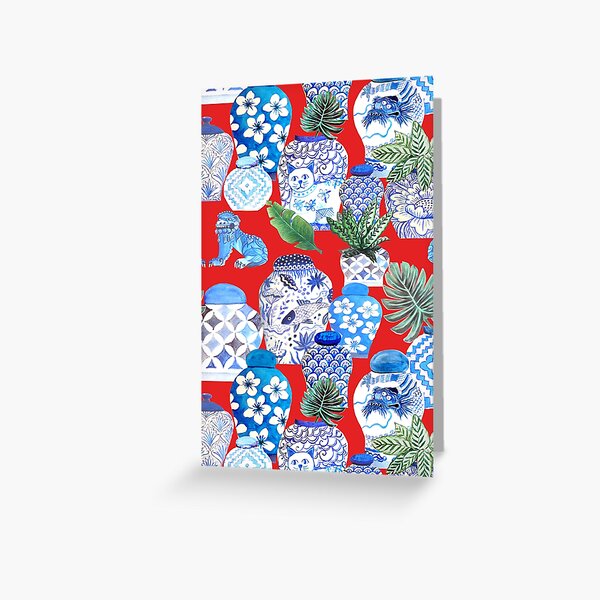 ginger jars in blue and white porcelain and foo dogs on red with palms Greeting Card