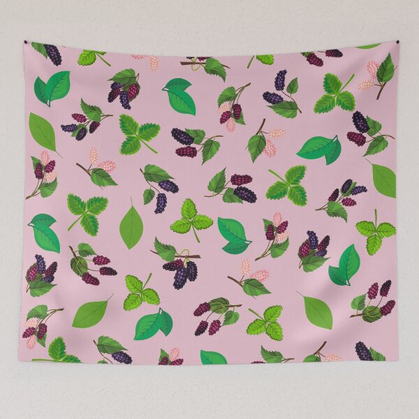 Item preview, Juicy mulberry berries and leaves pattern on pink background. designed and sold by KamTamDesigns11.