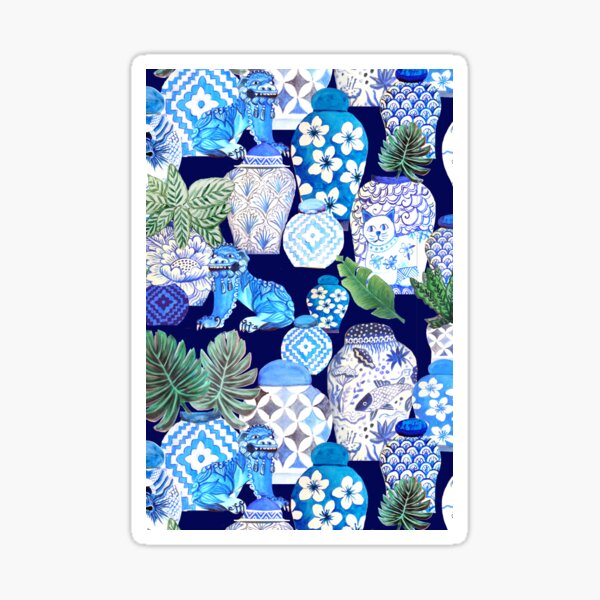 classic blue Chinoiserie Foo dogs, Chinese ginger jars, palms and calathea, blue and white Sticker