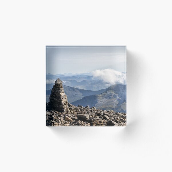 Climber passes a cairn on the summit of Ben Nevis Acrylic Block