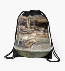 Cute Chipmunk Sitting on Wooden Beam Photo Drawstring Bag