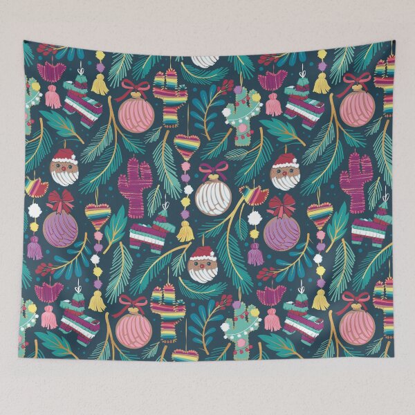 Item preview, Mexican Christmas Tree // blue background green and aqua pine leaves multicoloured holiday decorations pan dulce balls cacti hearts birds pom-pom garland pinatas santa claus conchas donuts designed and sold by SelmaCardoso.