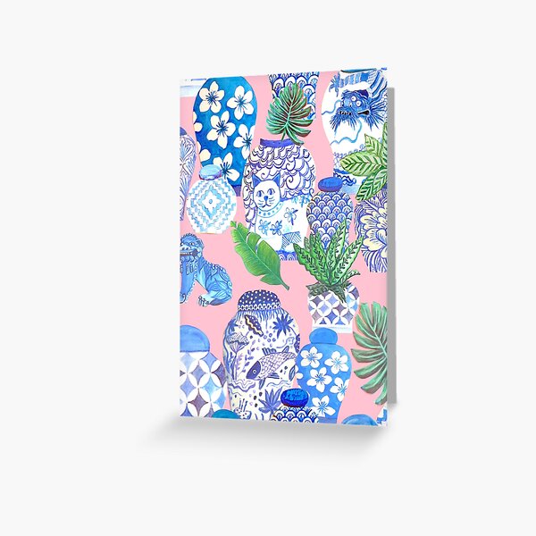 pink Chinoiserie botanical Chinese ginger jars and foo dogs with palms on pink Greeting Card