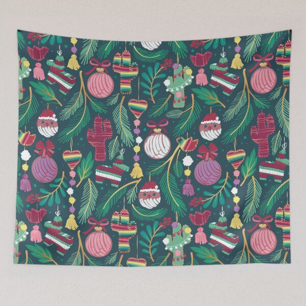 Item preview, Mexican Christmas Tree // green background green pine leaves multicoloured holiday decorations pan dulce balls cacti hearts birds pom-pom garland pinatas santa claus conchas donuts designed and sold by SelmaCardoso.