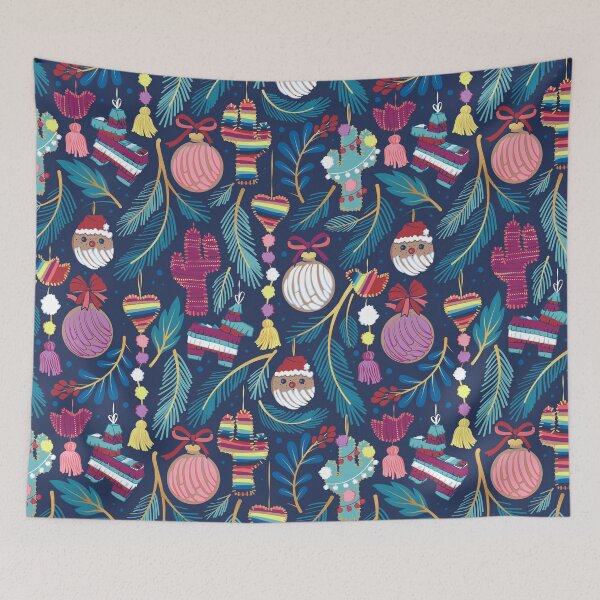 Item preview, Mexican Christmas Tree // blue background blue pine leaves multicoloured holiday decorations pan dulce balls cacti hearts birds pom-pom garland pinatas santa claus conchas donuts designed and sold by SelmaCardoso.
