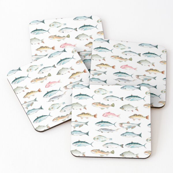 Item preview, Watercolor hand drawn sketch illustration seamless pattern background with fish Seabass, Tuna, Red mullet, Carp, Pike perch, Parrot fish, Sturgeon, Salmon, Cod, Silver carp designed and sold by FuzzyLogicKate.