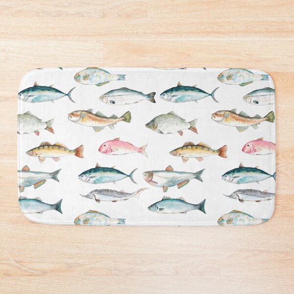 Item preview, Watercolor hand drawn sketch illustration seamless pattern background with fish Seabass, Tuna, Red mullet, Carp, Pike perch, Parrot fish, Sturgeon, Salmon, Cod, Silver carp designed and sold by FuzzyLogicKate.