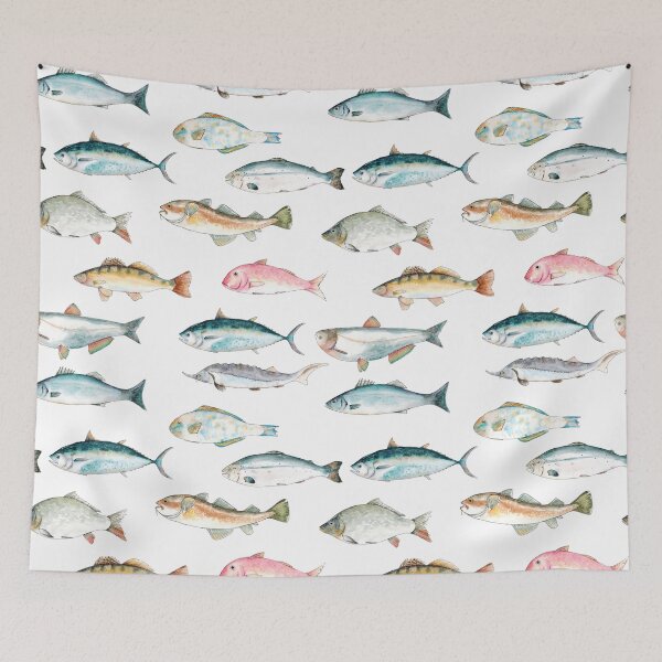 Item preview, Watercolor hand drawn sketch illustration seamless pattern background with fish Seabass, Tuna, Red mullet, Carp, Pike perch, Parrot fish, Sturgeon, Salmon, Cod, Silver carp designed and sold by FuzzyLogicKate.