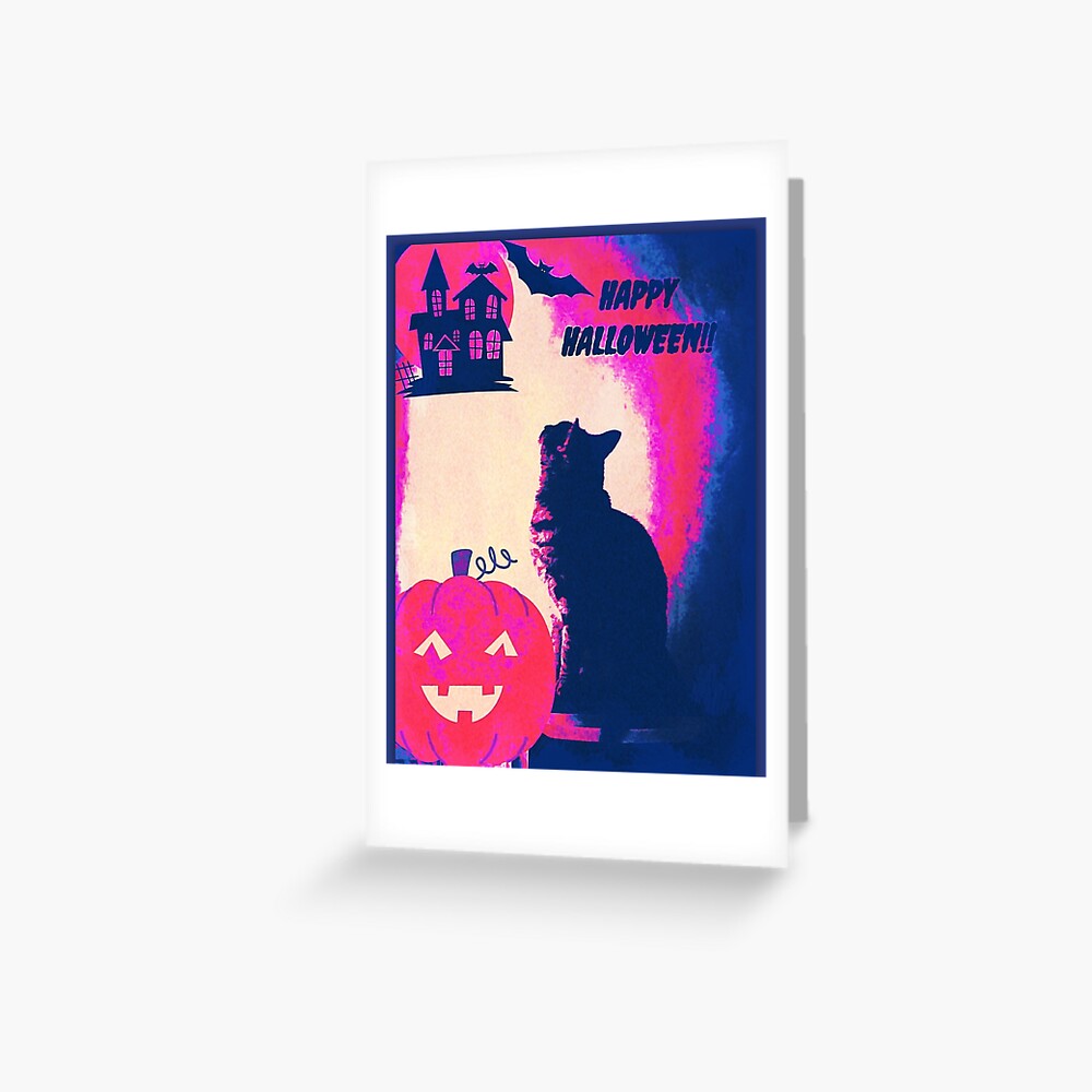 Purple Halloween Cat Art Greeting Card