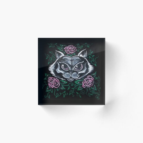 Pink Sugar Skull Cat Halloween Art Acrylic Block