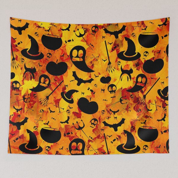 Item preview, Cute Halloween Pattern with all Your Favourite Halloween Icons and an Orange Fall Leaf Background. designed and sold by UrTops.