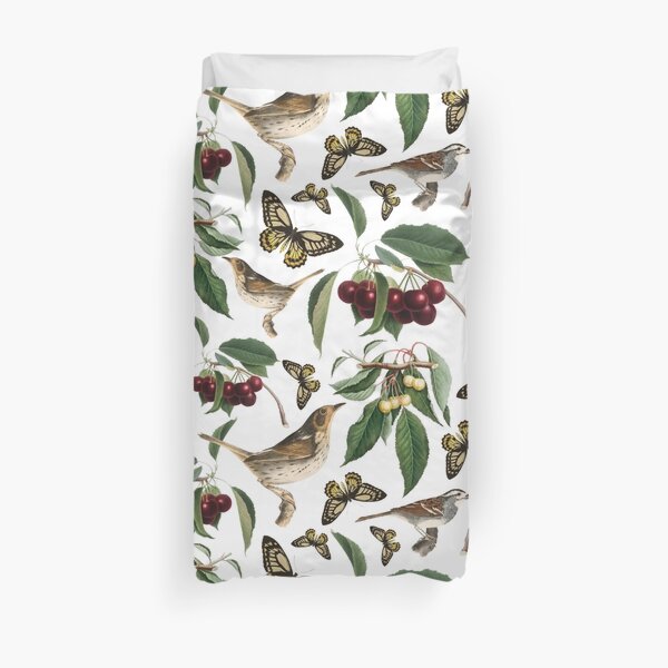 Cherries Butterflies And Birds On The Tree Pattern Duvet Cover