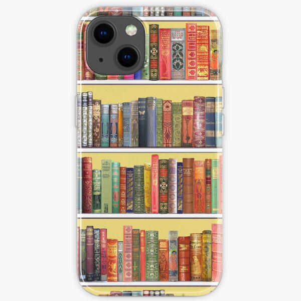 Christmas books, christmas library, Vintage Bookshelf on yellow iPhone Soft Case
