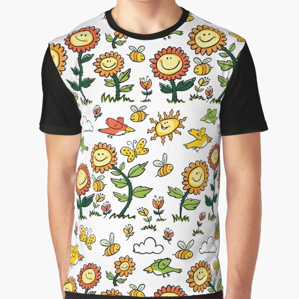 "Vector colorful cartoon sunflowers, birds and bees repeat pattern. " T