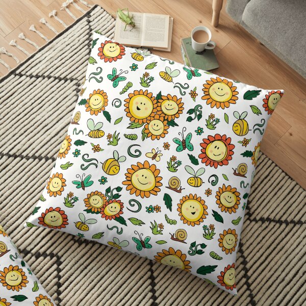 Vector colorful sunflowers and bees repeat pattern with white background. Floor Pillow