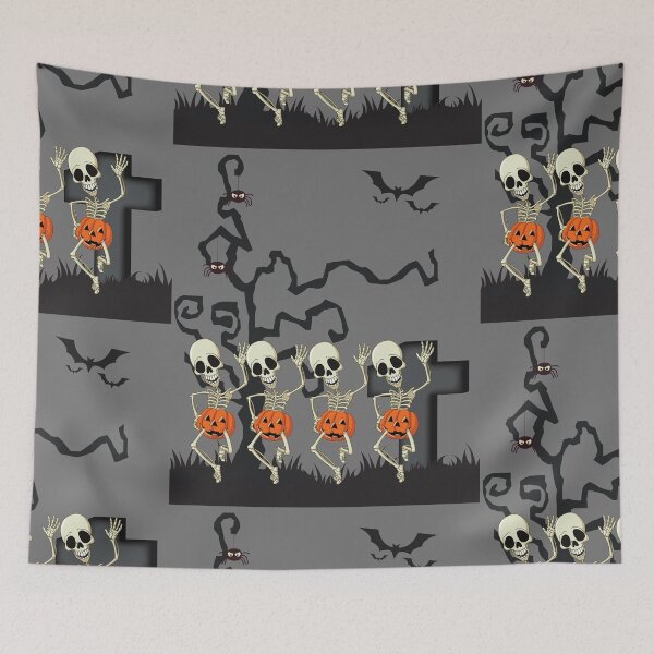 Item preview, Dancing Skeletons Wearing Pumpkins in a Creepy, Minimalist Graveyard designed and sold by JellyBeenzz.