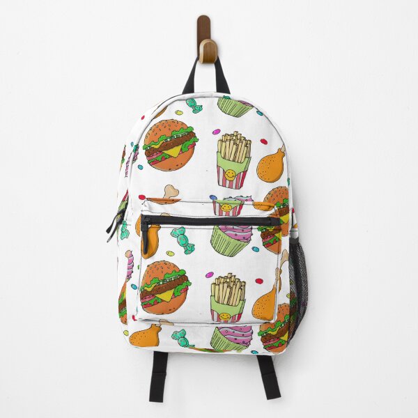 Potato chips, chicken, burger, ice cream, cake, sweet fast food Backpack