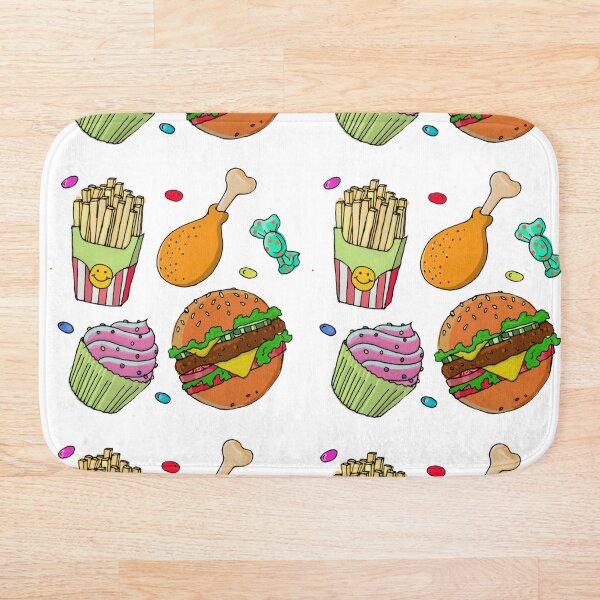 Potato chips, chicken, burger, ice cream, cake, sweet fast food Bath Mat