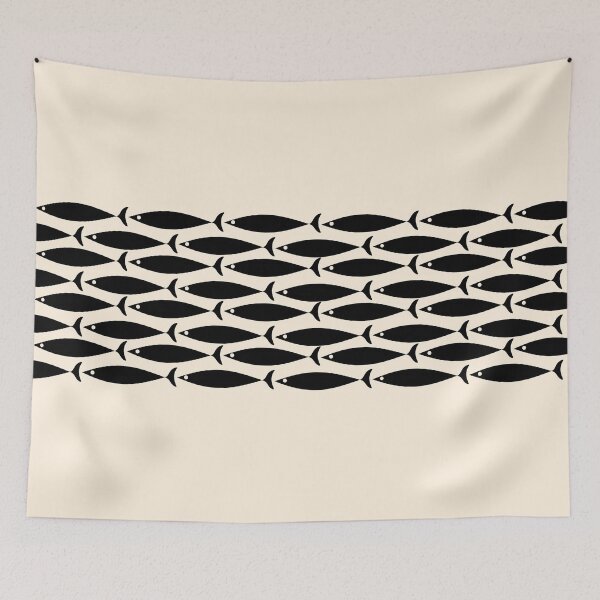 Item preview, Mid Century Modern Fish Stripe Minimalist Pattern in Black and Almond Cream designed and sold by kierkegaard.