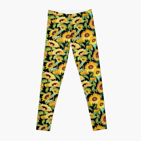 Sunflower watercolor floral on black Leggings