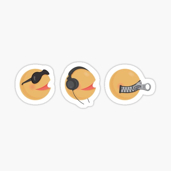 See No Evil, Hear No Evil, Speak No Evil- Emoji-Smiley Emoticon Rockin' Headphones, Sunglasses and Zipper Mouth Sticker
