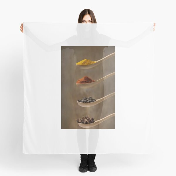 KITCHEN, INGREDIENTS, MASALA, TURMERIC, CARDOMON, CHILLY, KITCHEN SPOON DESIGN, SPOONS, ARTISTIC, ACROBAT, STYLISH, FILT, AWESOME, KITCHEN LOVER Scarf