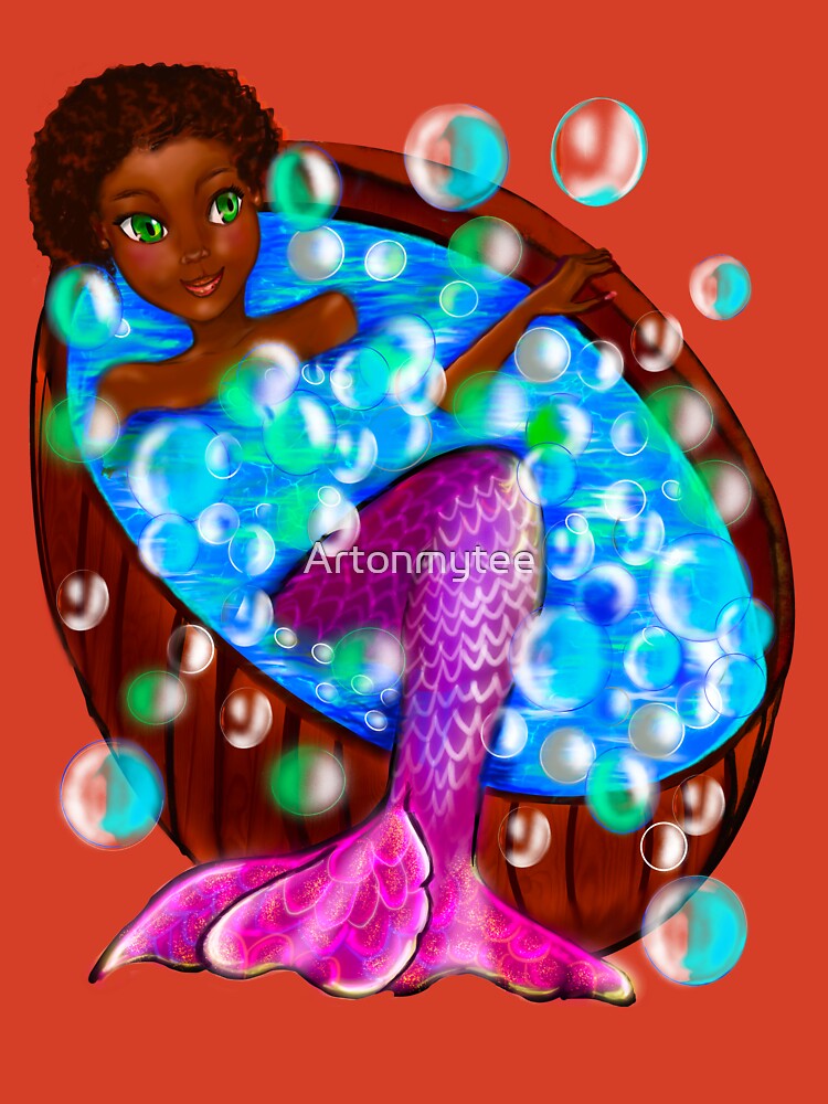 Mermaid spa day- Black anime mermaid in bubble bath. Pretty black girl  with Afro hair, green eyes, Cherry pink lips and dark brown skin. Hair love  ! Kids T-Shirt for Sale by Artonmytee