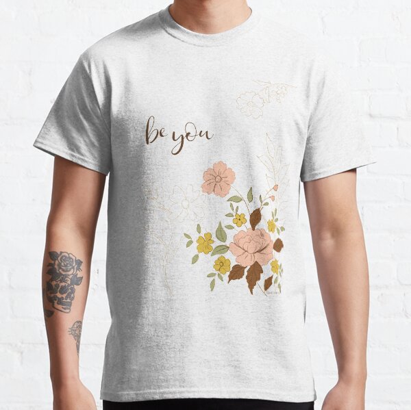 Be You Pink and Yellow Floral Line Art by Terri Conrad Classic T-Shirt