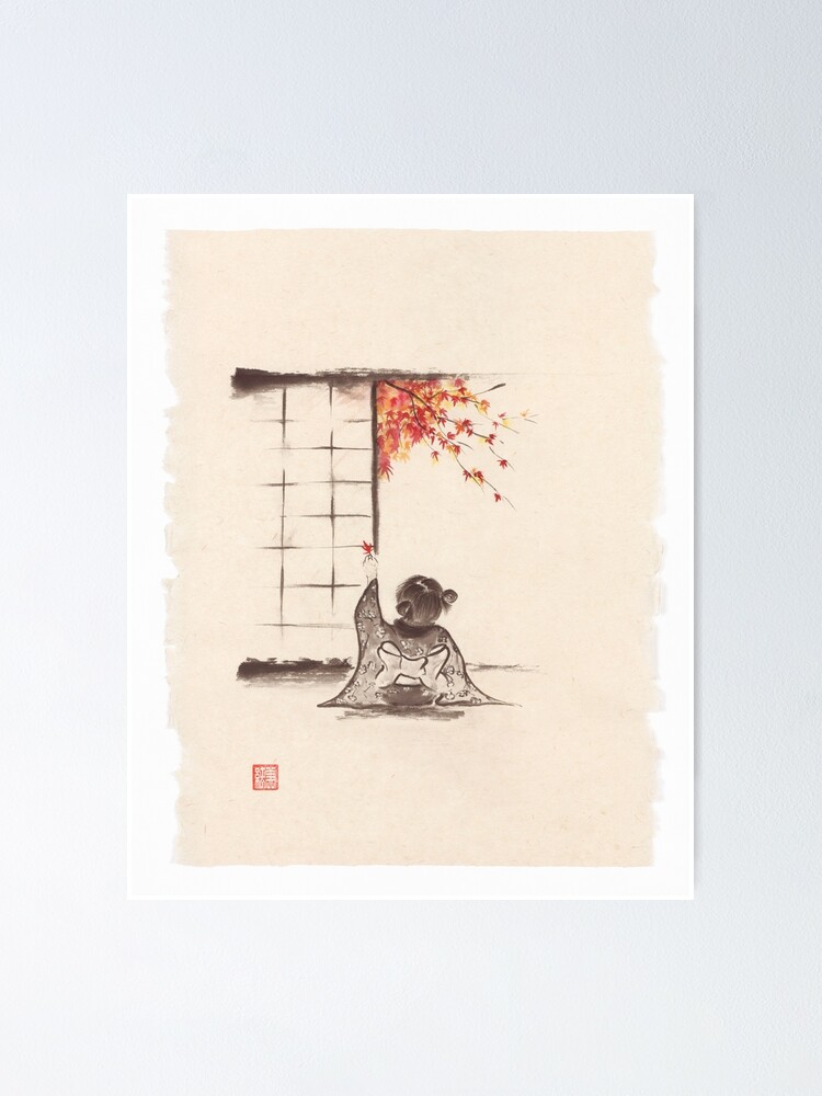 "Sumie painting of a little kawaii Japanese girl sitting by open shoji