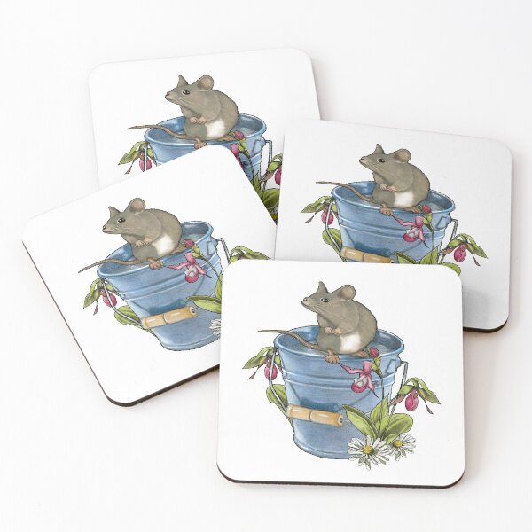 Item preview, Cute Furry Mouse on a Blue Pail, Ladyslipper Flowers designed and sold by JoyfulWhimsy.