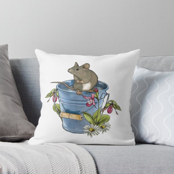 Item preview, Cute Furry Mouse on a Blue Pail, Ladyslipper Flowers designed and sold by JoyfulWhimsy.