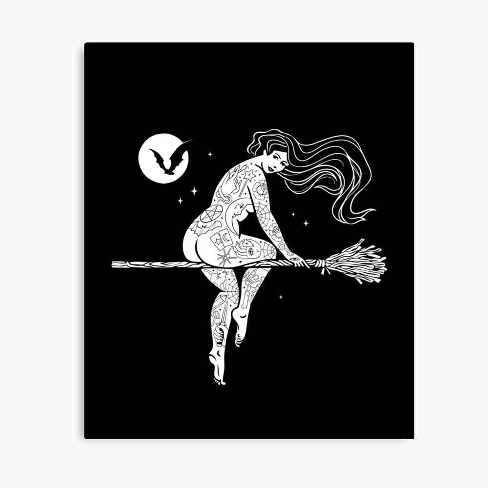 Witchy Tattooed Woman Riding Broomstick under Full Moon and Bat