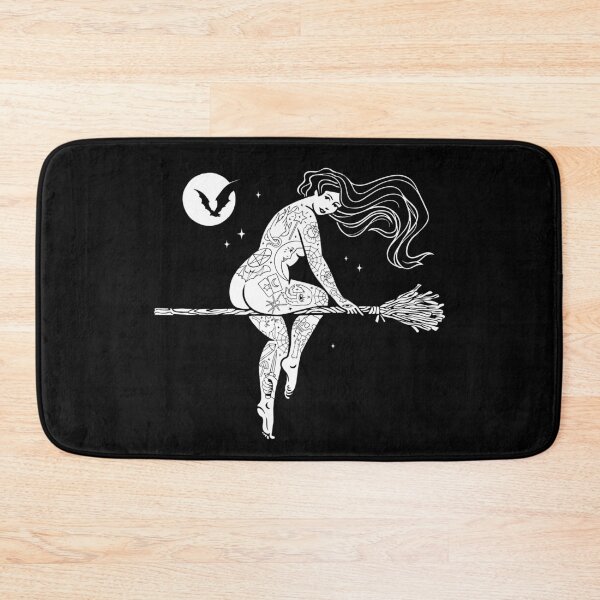 Item preview, Witchy Tattooed Woman Riding Broomstick under Full Moon and Bat designed and sold by SpreadForSatan.