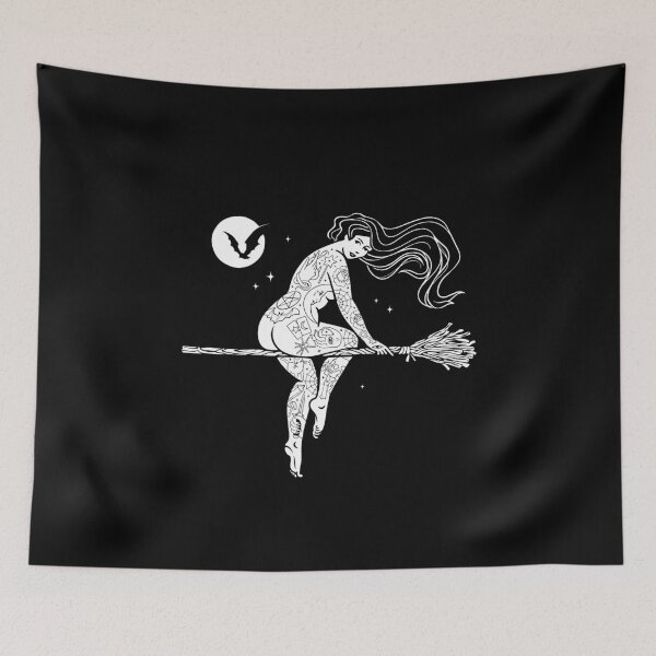 Item preview, Witchy Tattooed Woman Riding Broomstick under Full Moon and Bat designed and sold by SpreadForSatan.