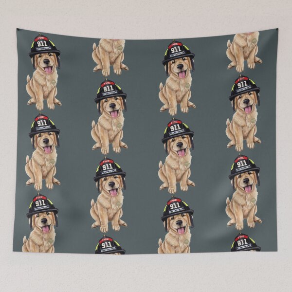 Item preview, Golden Retriever puppy in a firefighter hat designed and sold by Mehu.