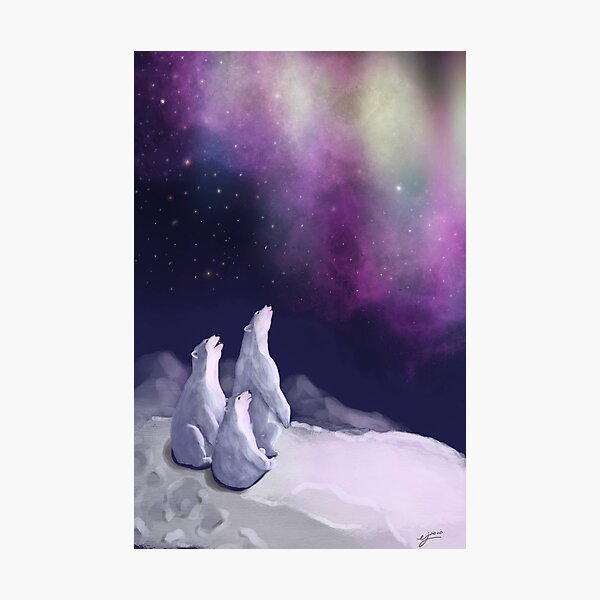 Polar Bear Family Watching the Northern Lights Photographic Print