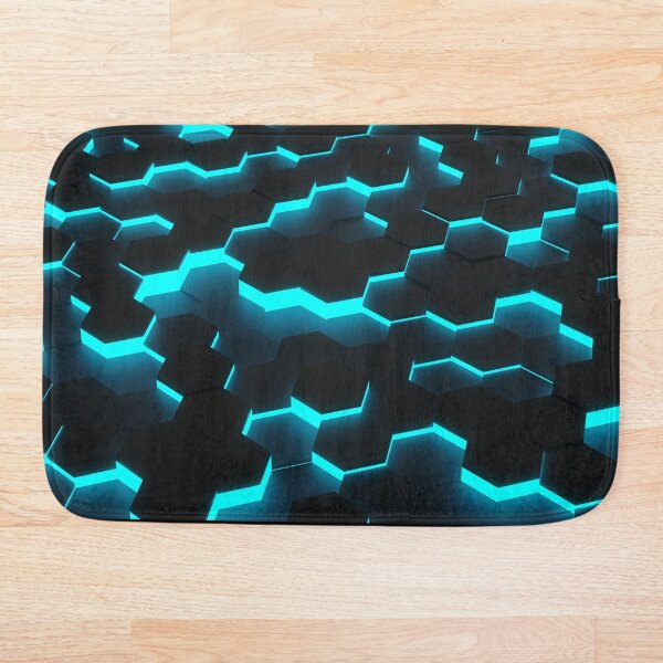 Artikelvorschau, Zufälliger verschobener geometrischer Musterhintergrund des schwarzen Wabenhexagons mit blauem Glühen entworfen und verkauft von UDDesign.