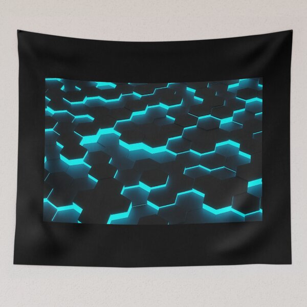 Item preview, Fondo de patrón geométrico hexagonal de panal negro desplazado al azar con resplandor azul designed and sold by UDDesign.