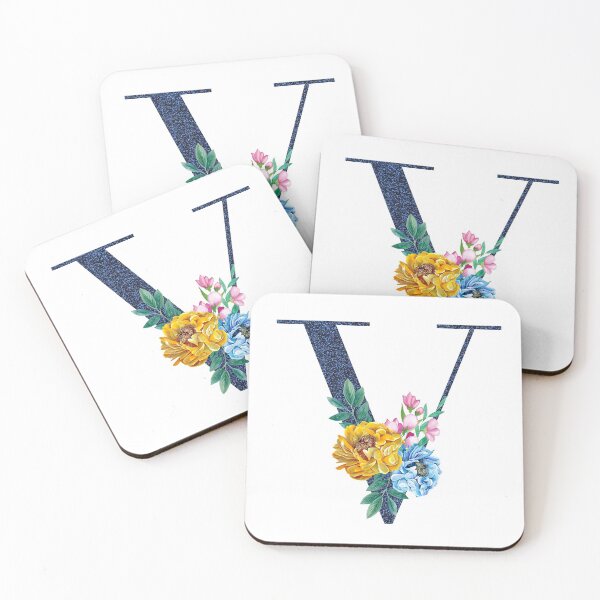 Item preview, Blue Glitter Font with Floral Bouquet Monogram V designed and sold by TheFamilyVan.