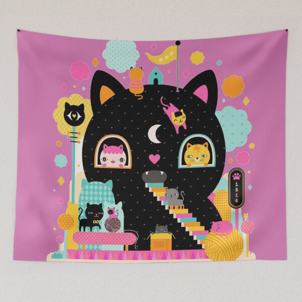Item preview, Black cathouse with pink cat, orange cat and cute wool ball designed and sold by Info Bites.