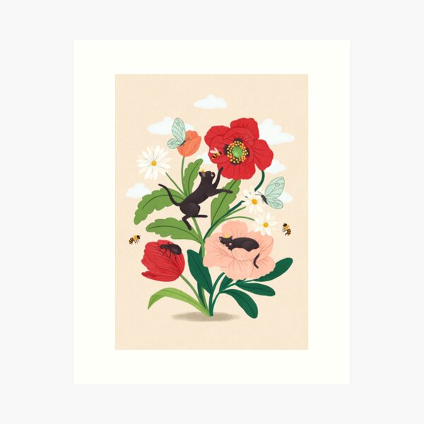 Tiny cats with flowers Art Print