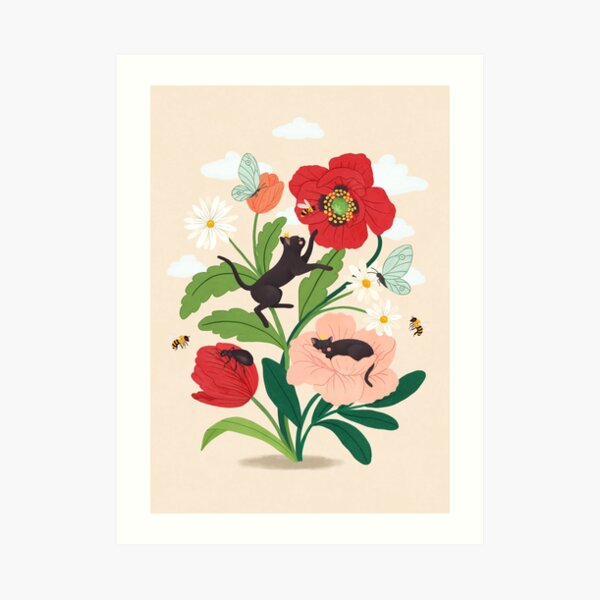 Tiny cats with flowers Art Print