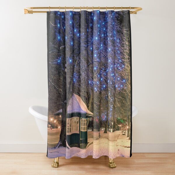 Snow covered west park blue lights Shower Curtain